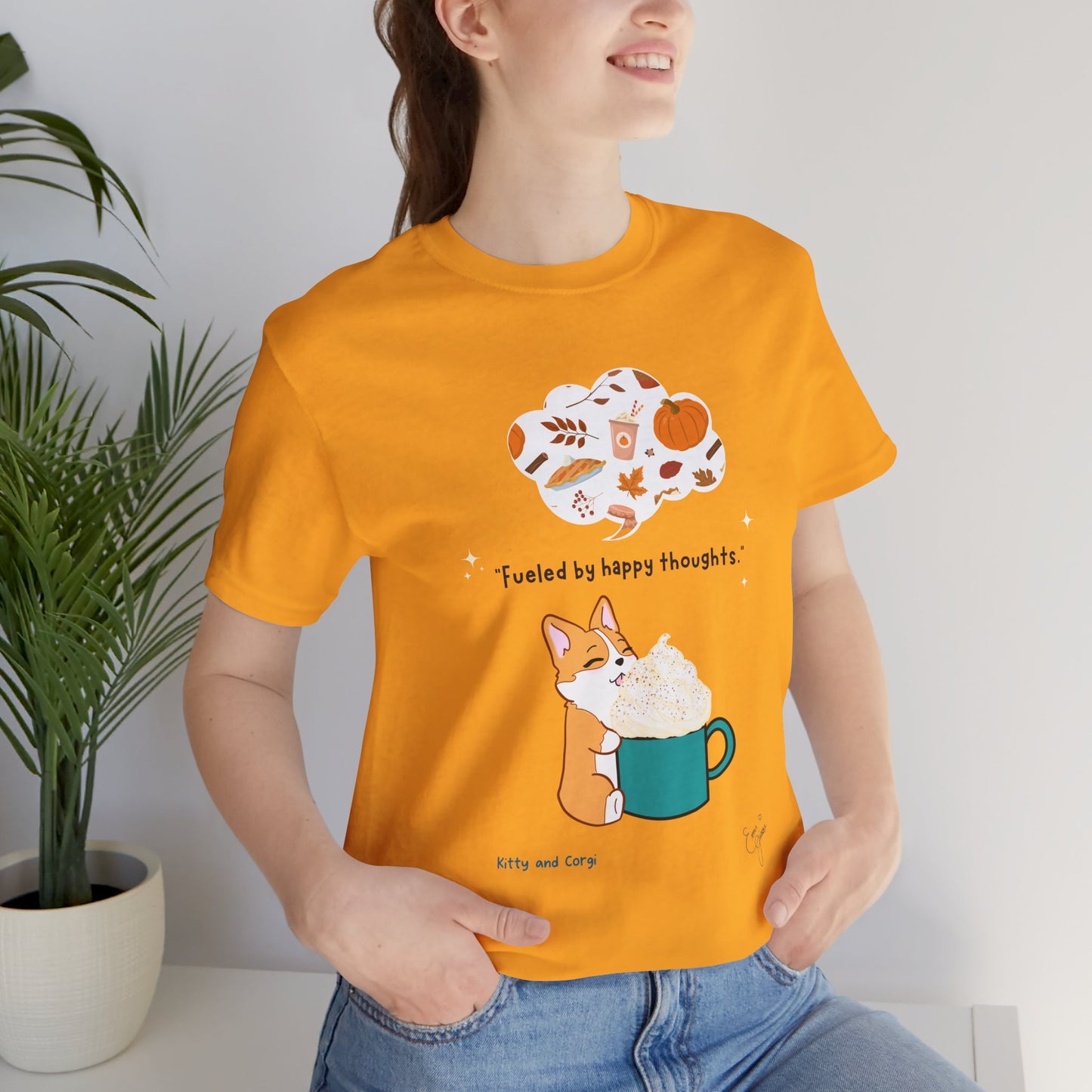 Corgi is Fueled by Happy Thoughts of Fall and Pumpkin Spice - Super Soft Cotton Airlume Unisex T-Shirt (Large Graphic)