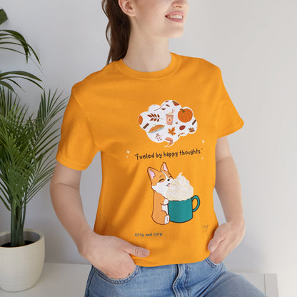 Corgi is Fueled by Happy Thoughts of Fall and Pumpkin Spice - Super Soft Cotton Airlume Unisex T-Shirt (Large Graphic)