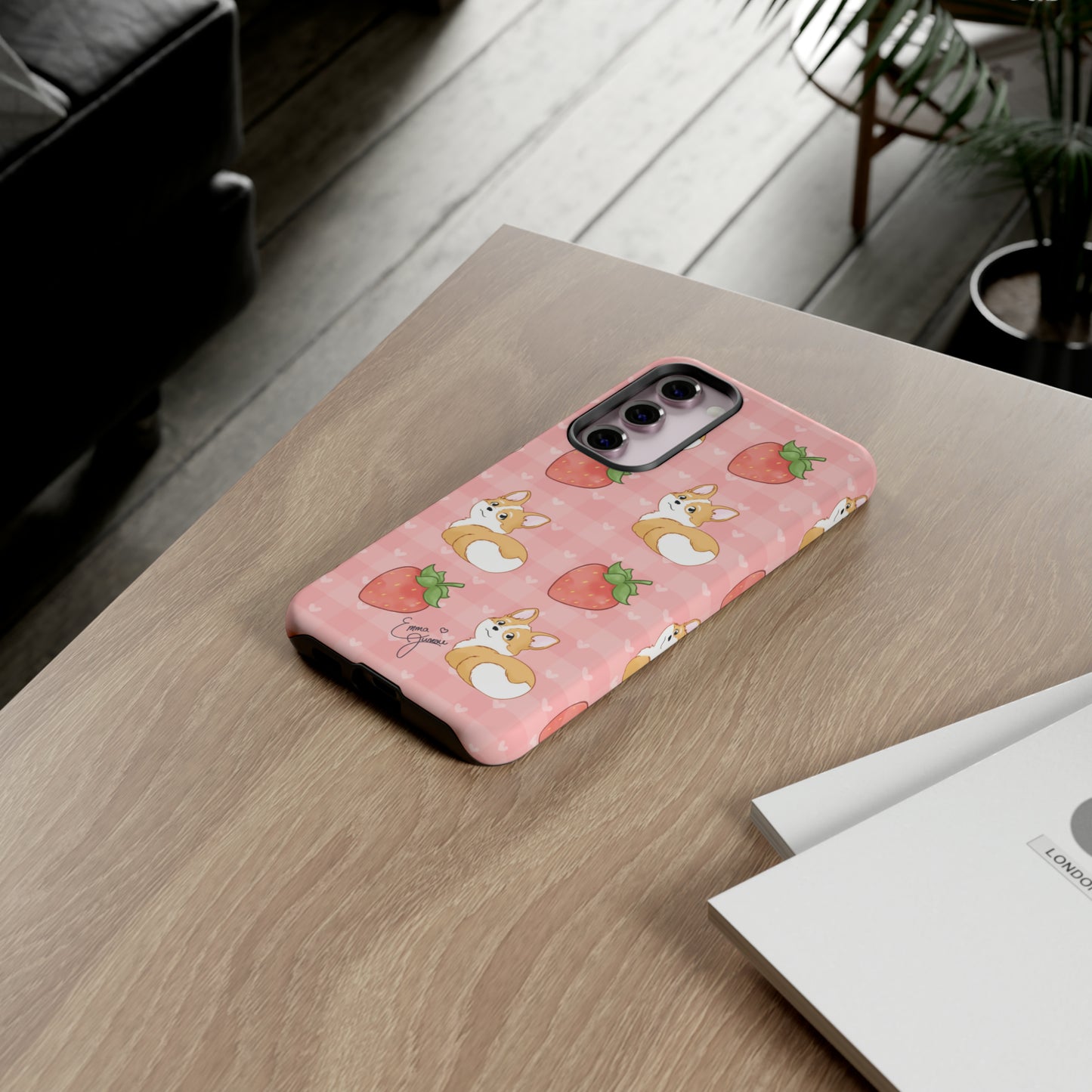 Corgi Butt and Strawberries Cute Pink Gingham Hearts Tough Case