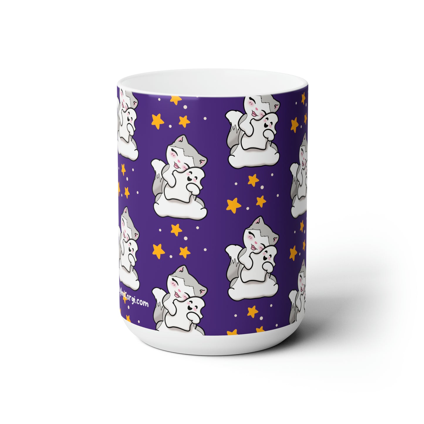Kitty loves her Ghostie Pillow - Purple Patterned Mug - 15oz