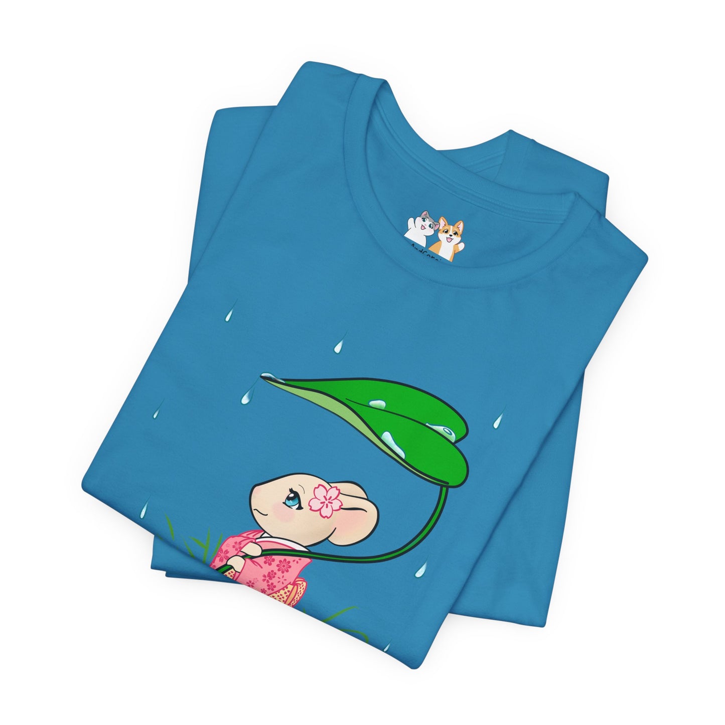 Sakura Mousie with a Leaf Umbrella on a Rainy Day - Super Soft Cotton Airlume Unisex T-Shirt (Large Graphic)