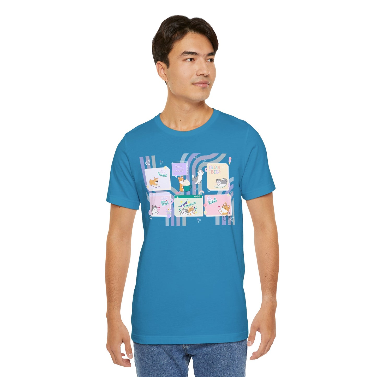 Kitty and Corgi - Groovy Encouragement Compilation - Super Soft Cotton Airlume Unisex T-Shirt (Horizontal Graphic)