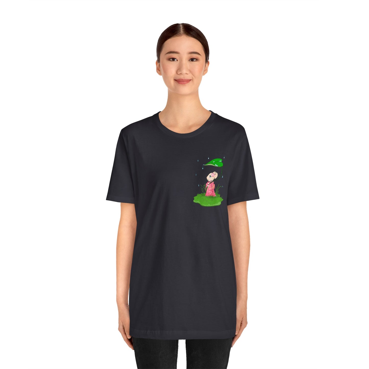 Sakura Mousie with a Leaf Umbrella on a Rainy Day - Super Soft Cotton Airlume Unisex T-Shirt (Small Pocket Graphic)
