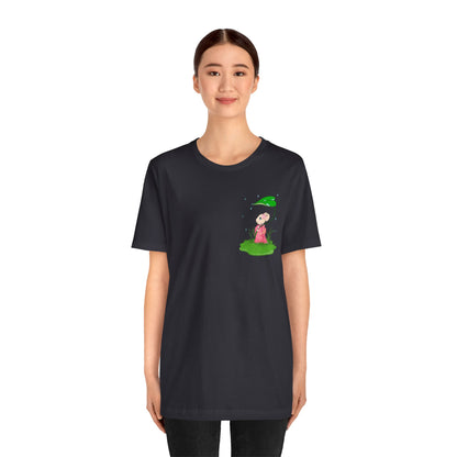 Sakura Mousie with a Leaf Umbrella on a Rainy Day - Super Soft Cotton Airlume Unisex T-Shirt (Small Pocket Graphic)