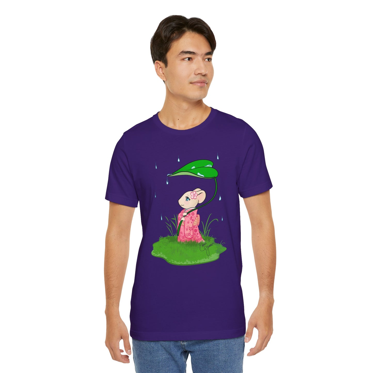 Sakura Mousie with a Leaf Umbrella on a Rainy Day - Super Soft Cotton Airlume Unisex T-Shirt (Large Graphic)