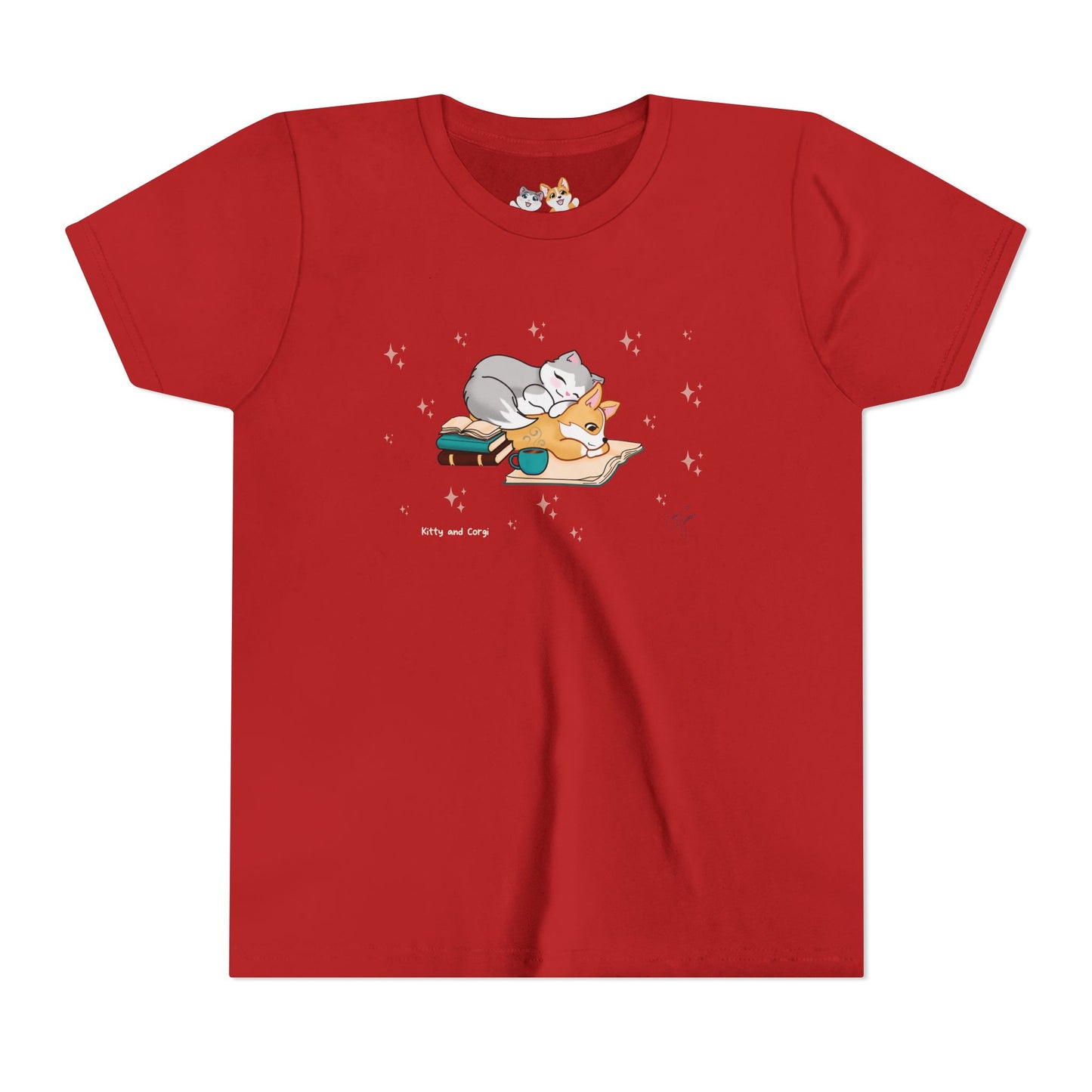 Youth Tee —  Kitty and Corgi Cuddles and Books - Unisex Youth/ Children's Graphic Tee