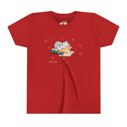 Youth Tee —  Kitty and Corgi Cuddles and Books - Unisex Youth/ Children's Graphic Tee