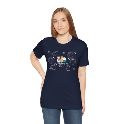 Kitty and Corgi - Pumpkin Spice and Everything Nice - Super Soft Cotton Airlume Unisex T-Shirt (Large Front Graphic)