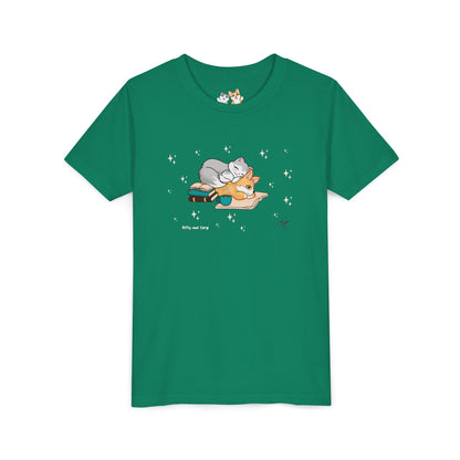 Youth Tee —  Kitty and Corgi Cuddles and Books - Unisex Youth/ Children's Graphic Tee