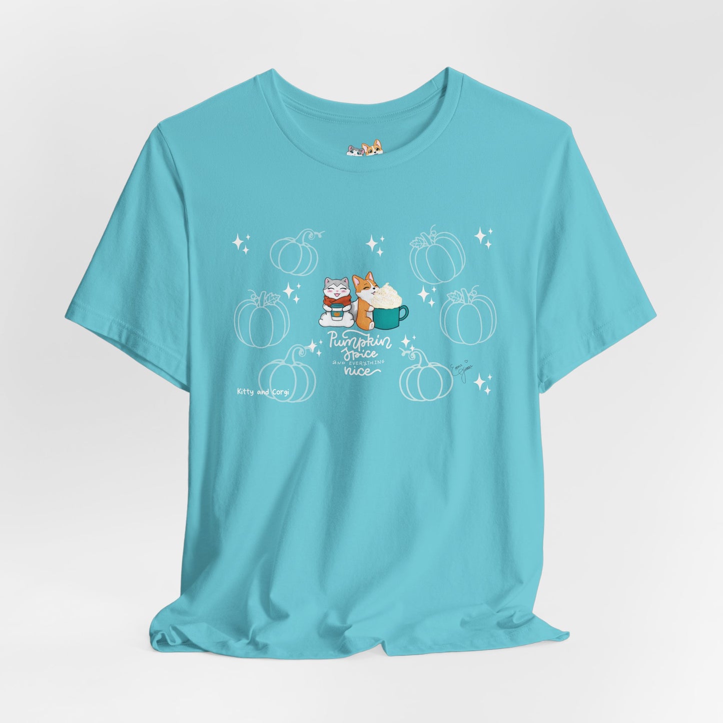 Kitty and Corgi - Pumpkin Spice and Everything Nice - Super Soft Cotton Airlume Unisex T-Shirt (Large Front Graphic)