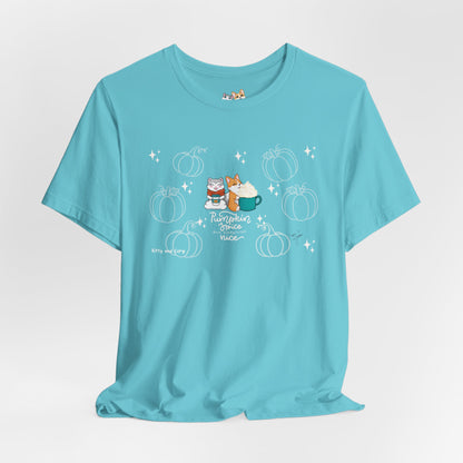 Kitty and Corgi - Pumpkin Spice and Everything Nice - Super Soft Cotton Airlume Unisex T-Shirt (Large Front Graphic)