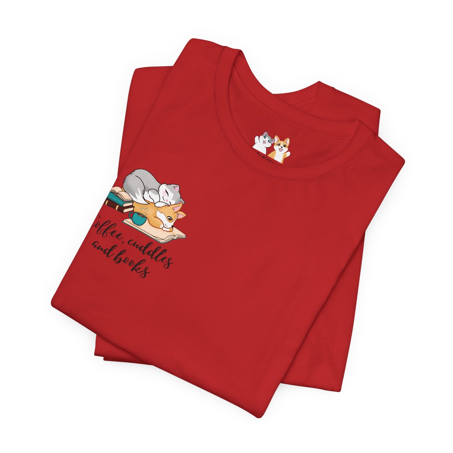 Kitty and Corgi — Coffee, Cuddles, and Books — Super Soft Cotton Airlume Unisex T-Shirt