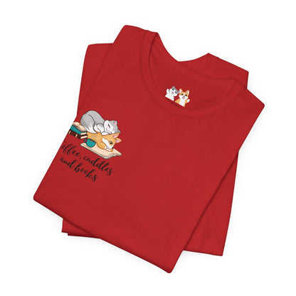 Kitty and Corgi — Coffee, Cuddles, and Books — Super Soft Cotton Airlume Unisex T-Shirt