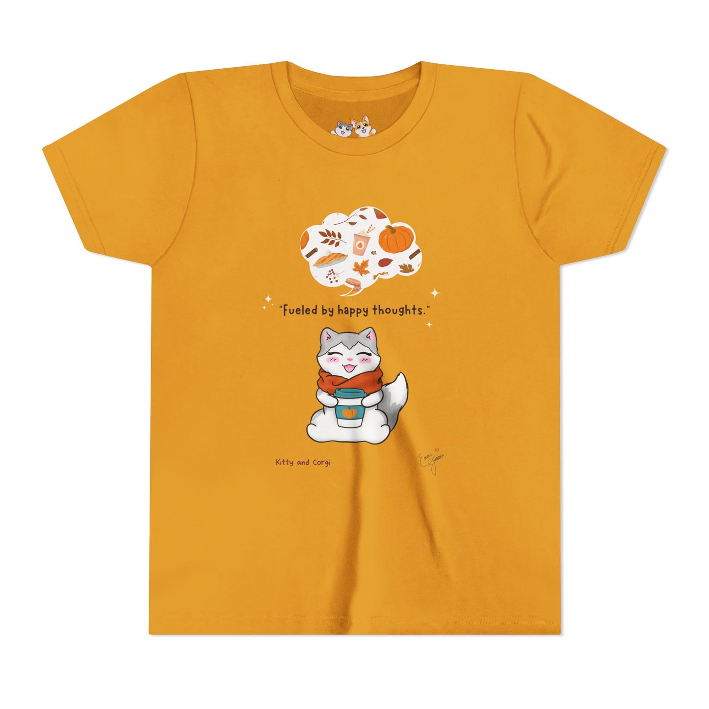 Youth Tee — Kitty loves Autumn - Fueled by Happy Thoughts - Unisex Youth/ Children's Graphic Tee