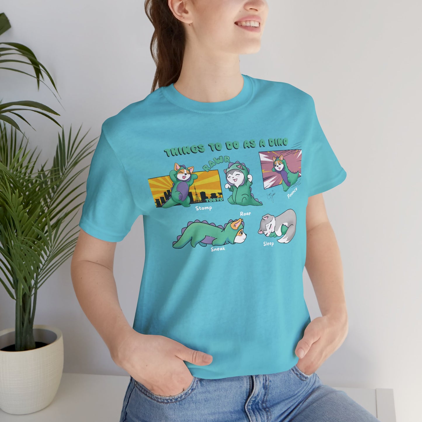 Kitty and Corgi - Things To Do As A Dino - Super Soft Cotton Airlume Unisex T-Shirt (Horizontal Graphic)