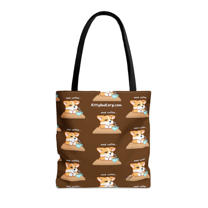 Corgi Needs Coffee - Repeating Pattern in Coffee Brown - Tote Bag