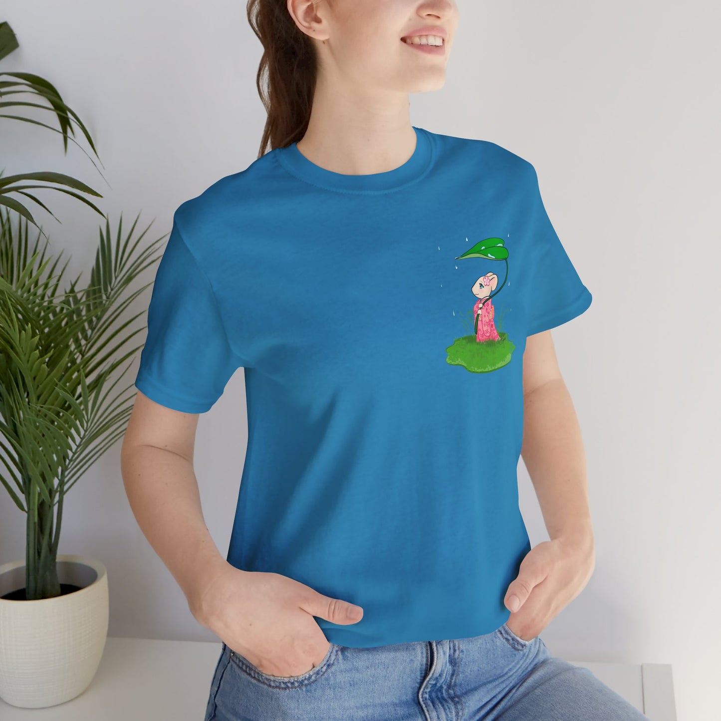 Sakura Mousie with a Leaf Umbrella on a Rainy Day - Super Soft Cotton Airlume Unisex T-Shirt (Small Pocket Graphic)