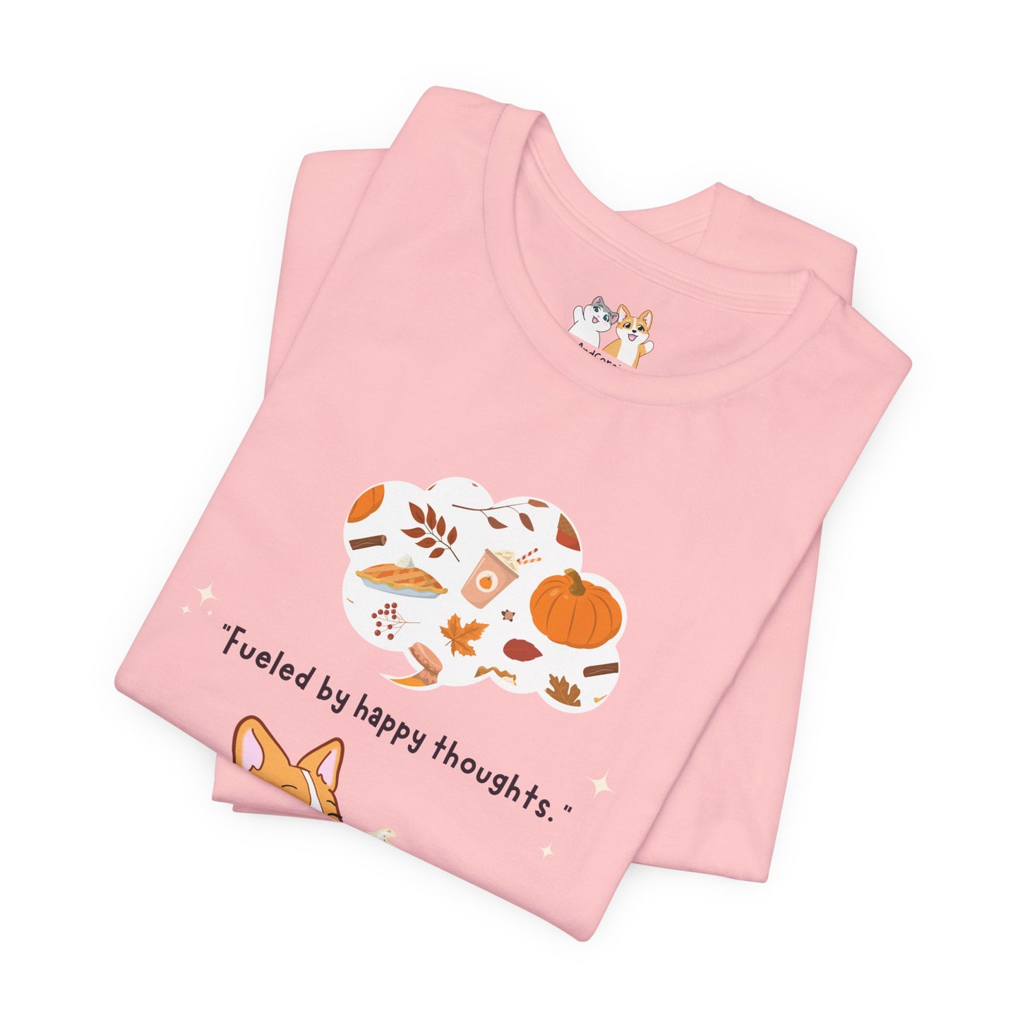 Corgi is Fueled by Happy Thoughts of Fall and Pumpkin Spice - Super Soft Cotton Airlume Unisex T-Shirt (Large Graphic)