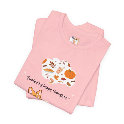 Corgi is Fueled by Happy Thoughts of Fall and Pumpkin Spice - Super Soft Cotton Airlume Unisex T-Shirt (Large Graphic)
