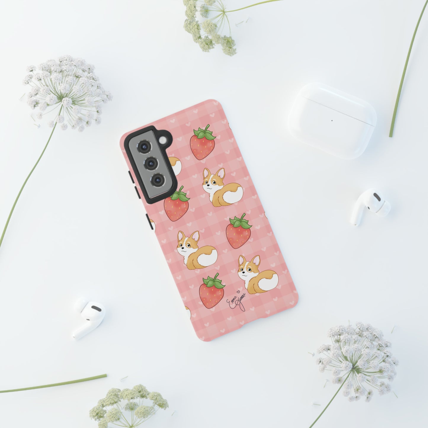 Corgi Butt and Strawberries Cute Pink Gingham Hearts Tough Case