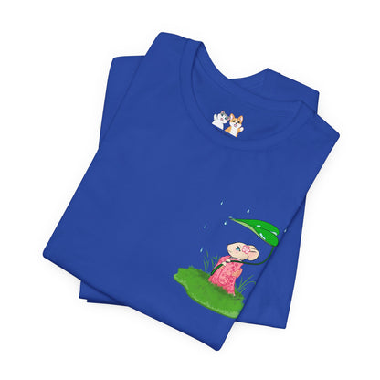 Sakura Mousie with a Leaf Umbrella on a Rainy Day - Super Soft Cotton Airlume Unisex T-Shirt (Small Pocket Graphic)