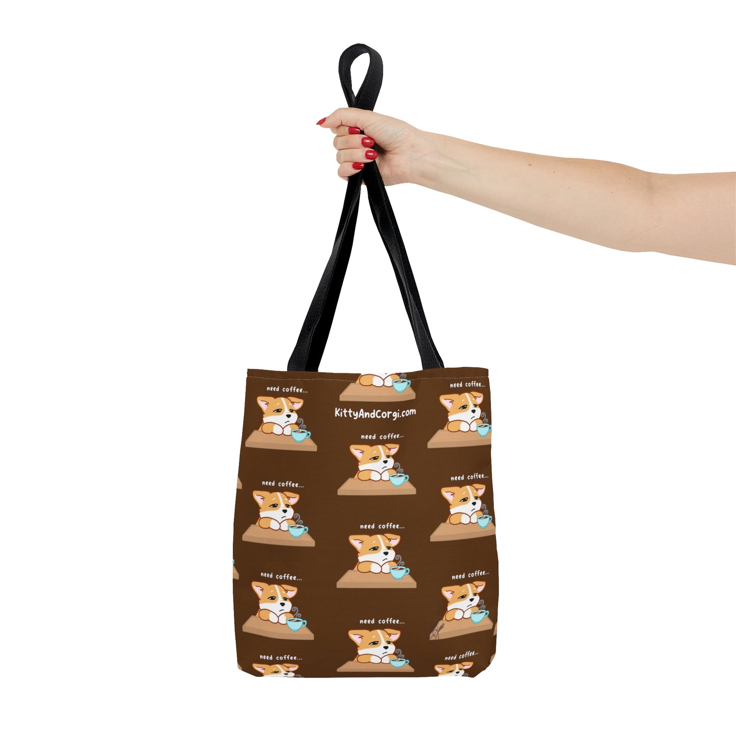 Corgi Needs Coffee - Repeating Pattern in Coffee Brown - Tote Bag