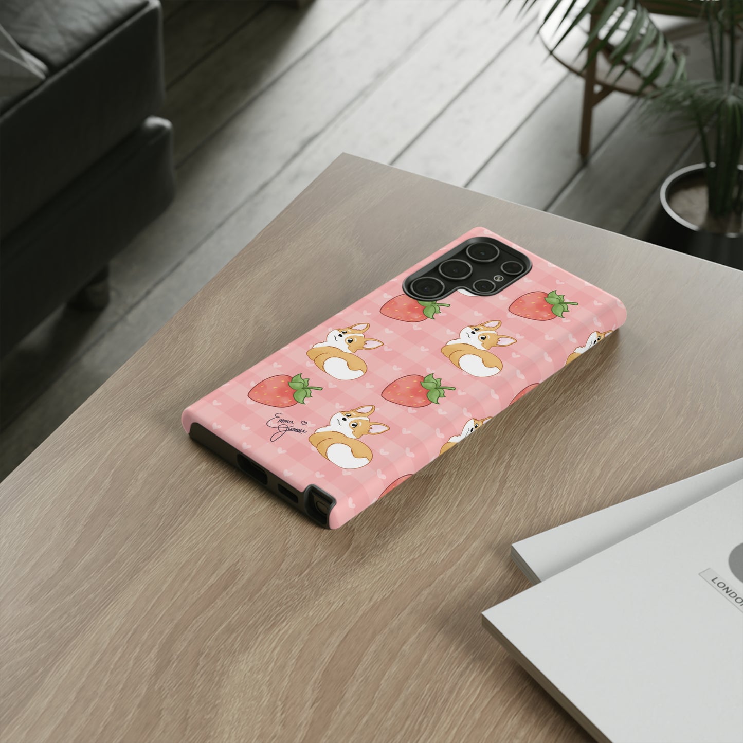 Corgi Butt and Strawberries Cute Pink Gingham Hearts Tough Case