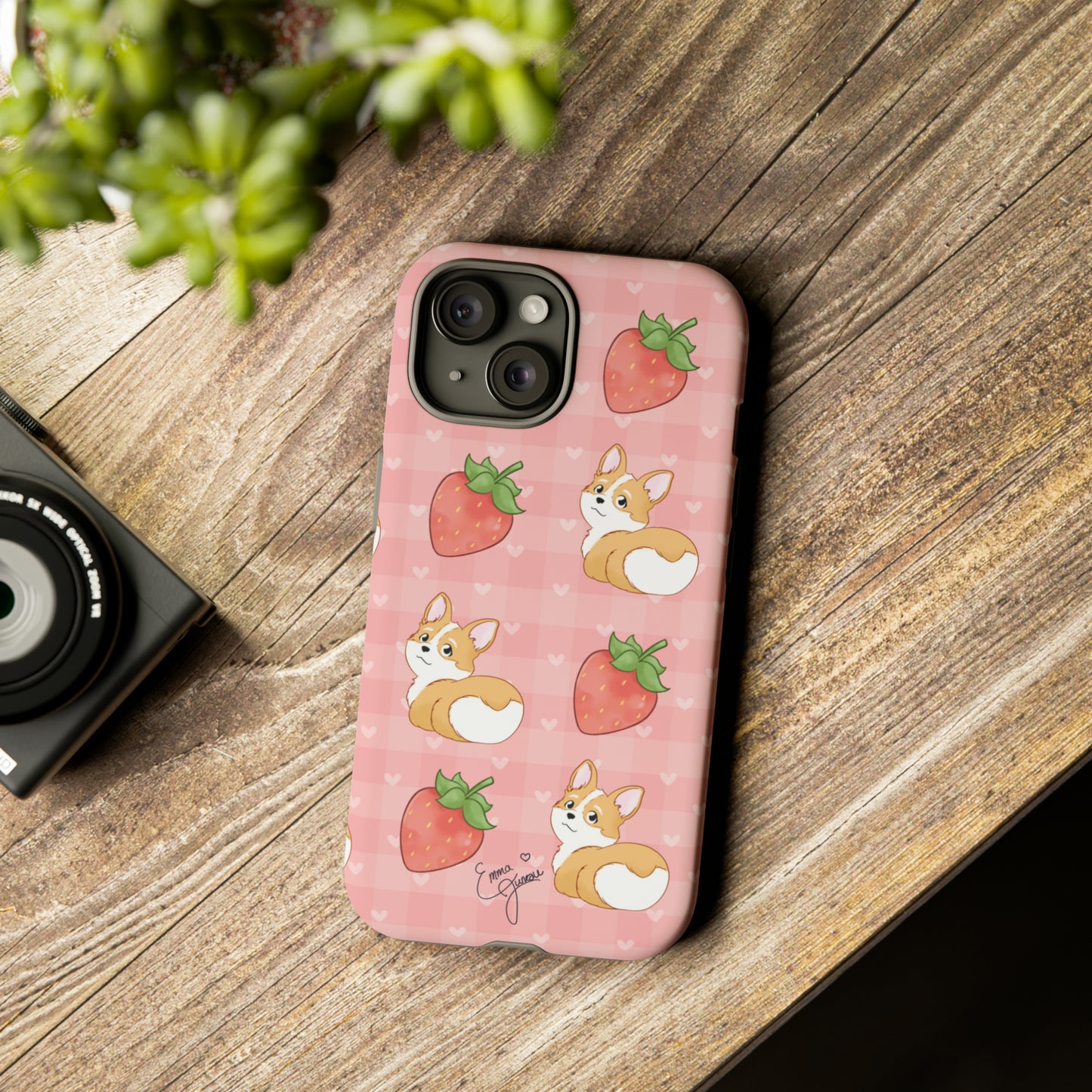 Corgi Butt and Strawberries Cute Pink Gingham Hearts Tough Case