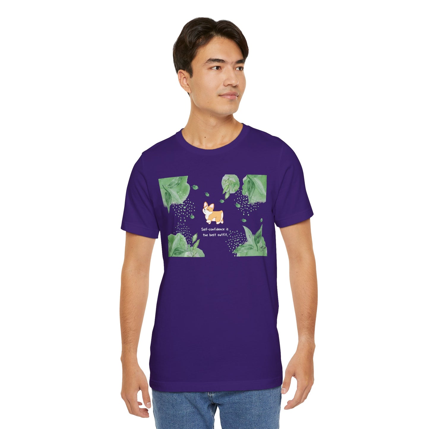 Corgi - Confidence is the Best Outfit - Super Soft Cotton Airlume Unisex T-Shirt (Horizontal Graphic)