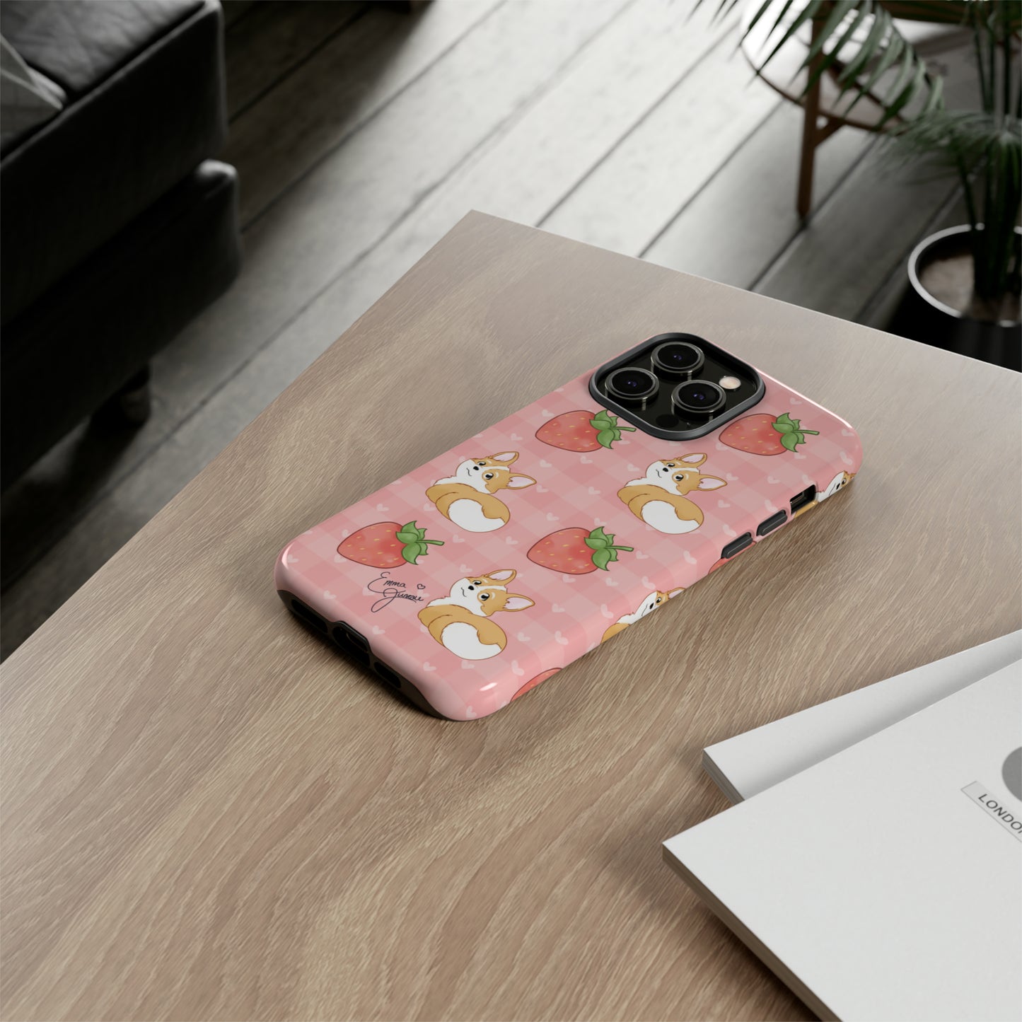 Corgi Butt and Strawberries Cute Pink Gingham Hearts Tough Case