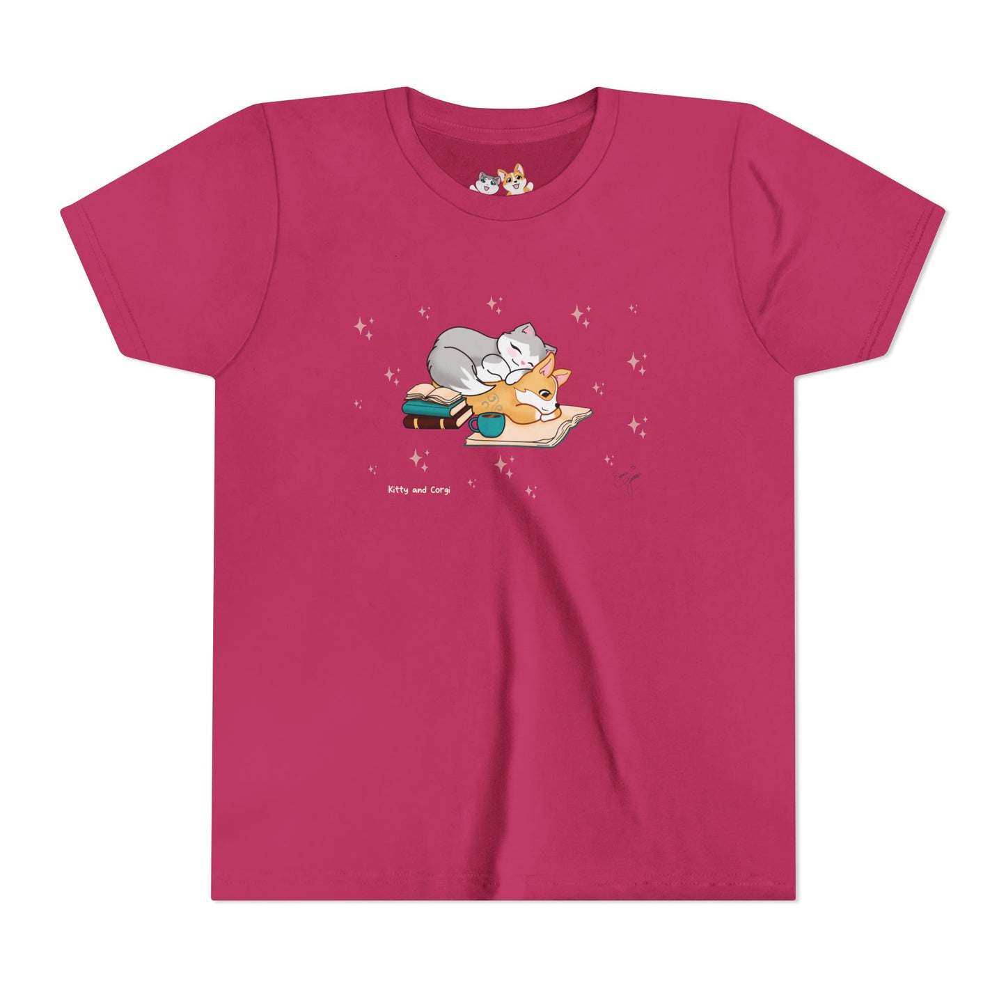 Youth Tee —  Kitty and Corgi Cuddles and Books - Unisex Youth/ Children's Graphic Tee