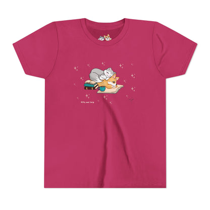 Youth Tee —  Kitty and Corgi Cuddles and Books - Unisex Youth/ Children's Graphic Tee