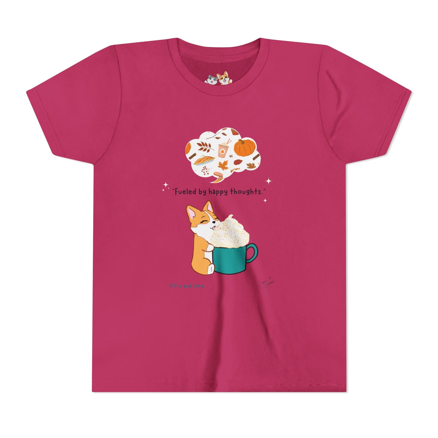 Youth Tee — Corgi loves Autumn - Fueled by Happy Thoughts - Unisex Youth/ Children's Graphic Tee