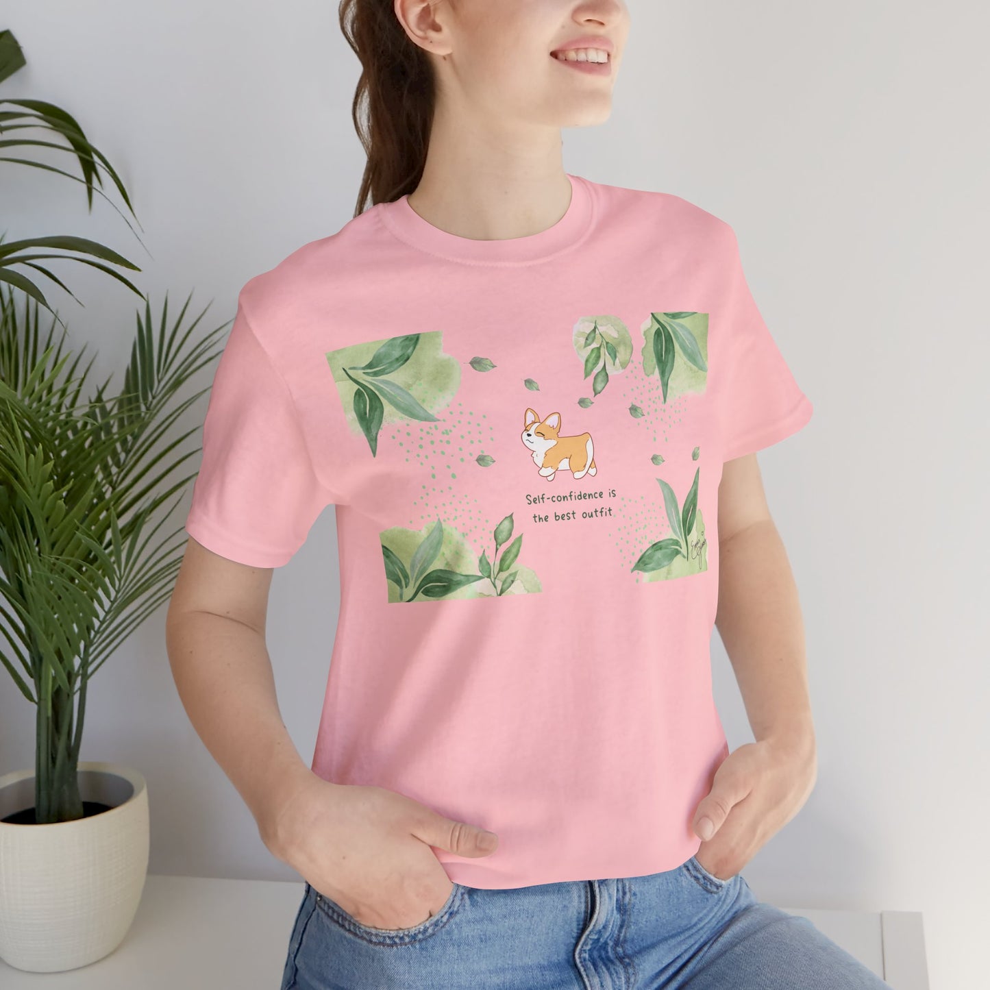 Corgi - Confidence is the Best Outfit - Super Soft Cotton Airlume Unisex T-Shirt (Horizontal Graphic)