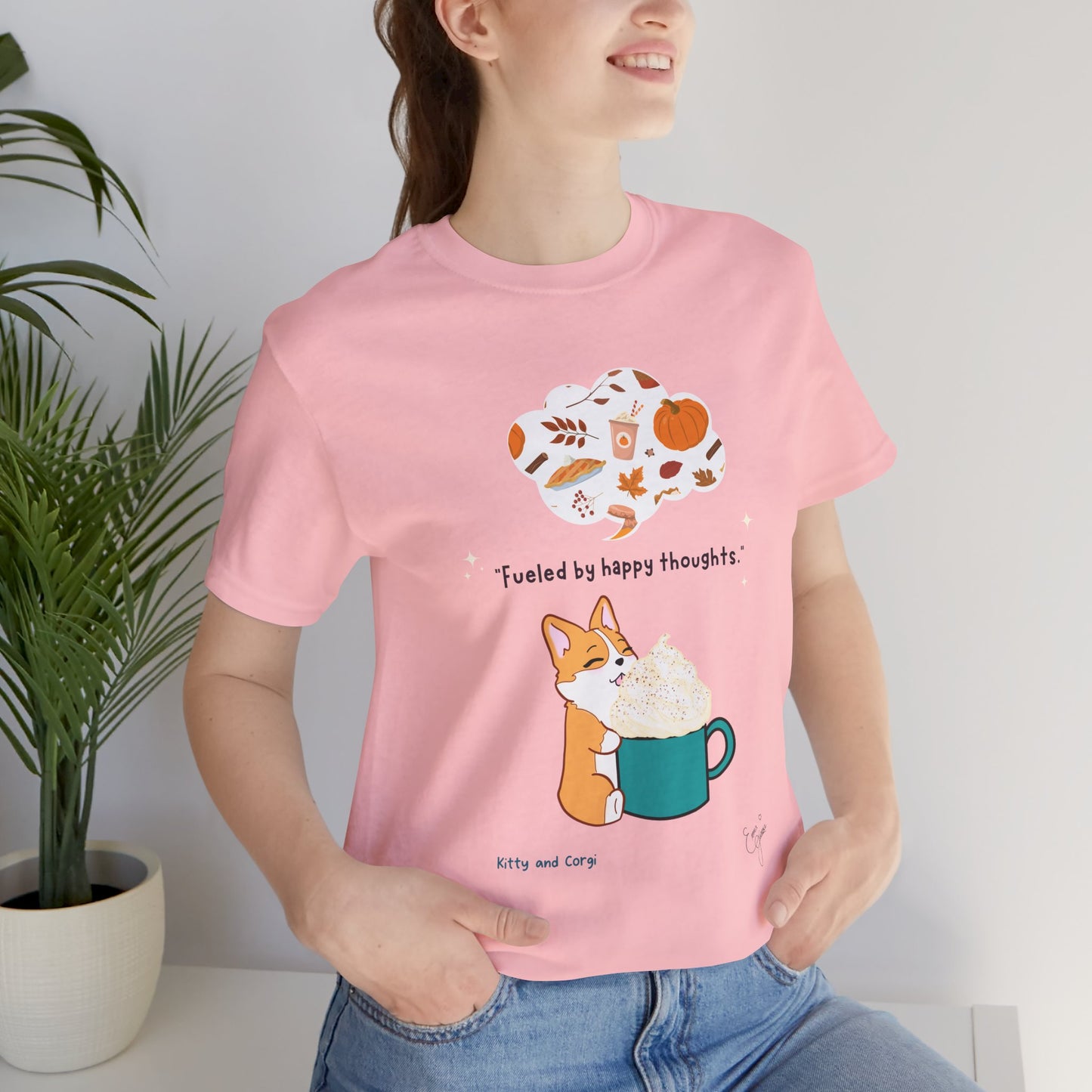 Corgi is Fueled by Happy Thoughts of Fall and Pumpkin Spice - Super Soft Cotton Airlume Unisex T-Shirt (Large Graphic)