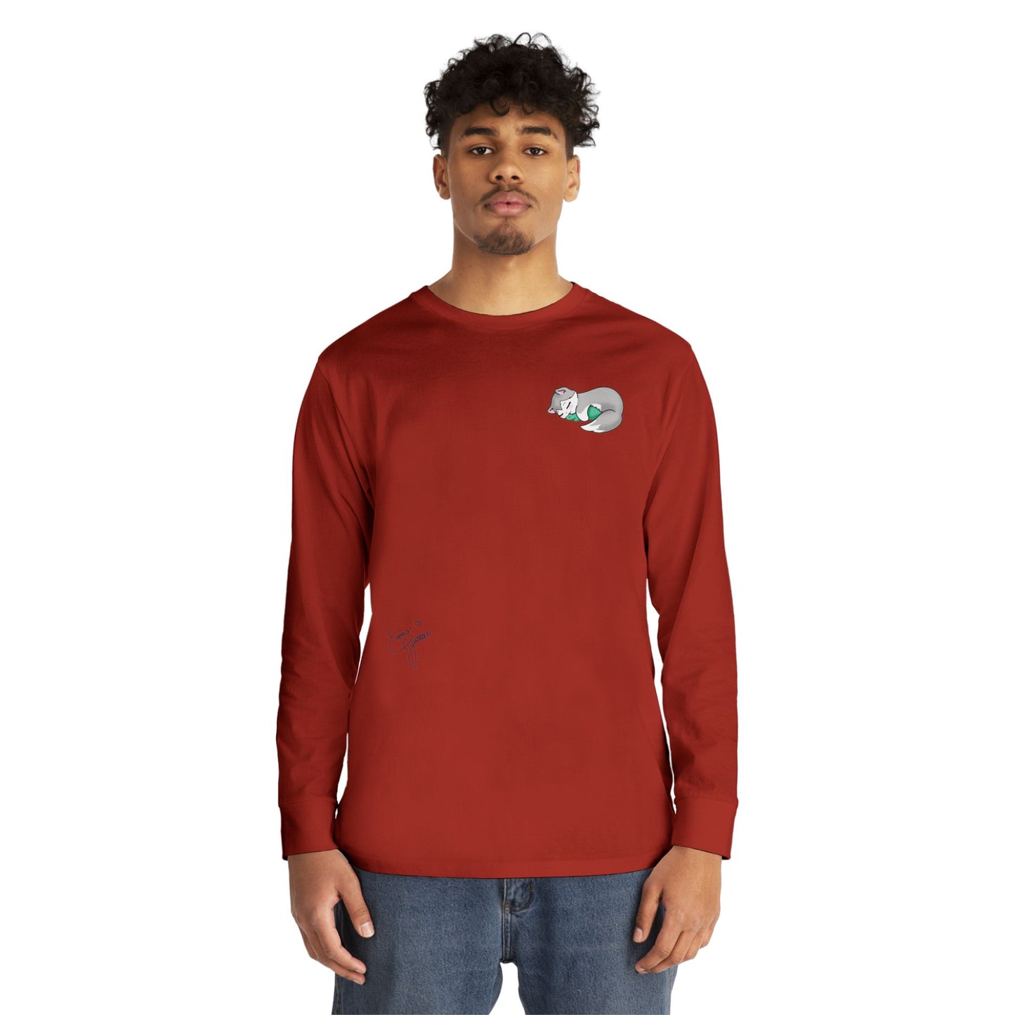 Sleepy Kitty snuggled up with her favorite Dino Plushie - Unisex Graphic Long Sleeve Tee