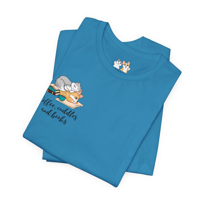 Kitty and Corgi — Coffee, Cuddles, and Books — Super Soft Cotton Airlume Unisex T-Shirt