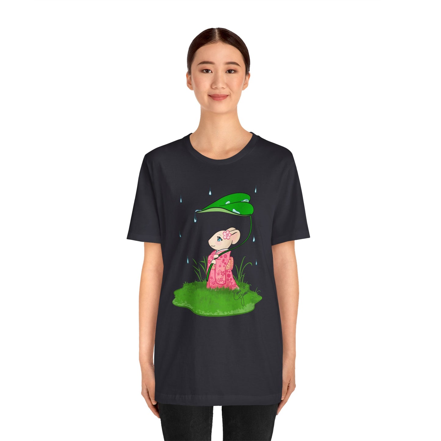 Sakura Mousie with a Leaf Umbrella on a Rainy Day - Super Soft Cotton Airlume Unisex T-Shirt (Large Graphic)