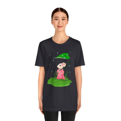 Sakura Mousie with a Leaf Umbrella on a Rainy Day - Super Soft Cotton Airlume Unisex T-Shirt (Large Graphic)