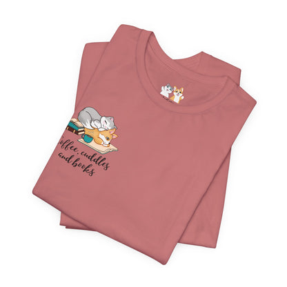 Kitty and Corgi — Coffee, Cuddles, and Books — Super Soft Cotton Airlume Unisex T-Shirt