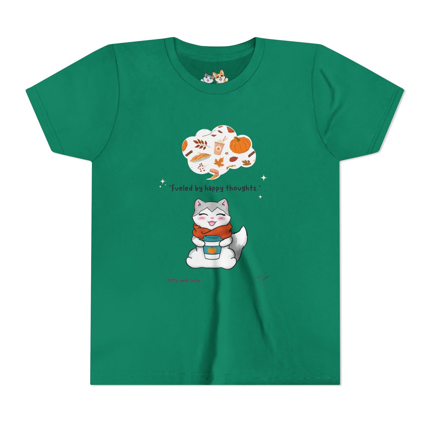 Youth Tee — Kitty loves Autumn - Fueled by Happy Thoughts - Unisex Youth/ Children's Graphic Tee