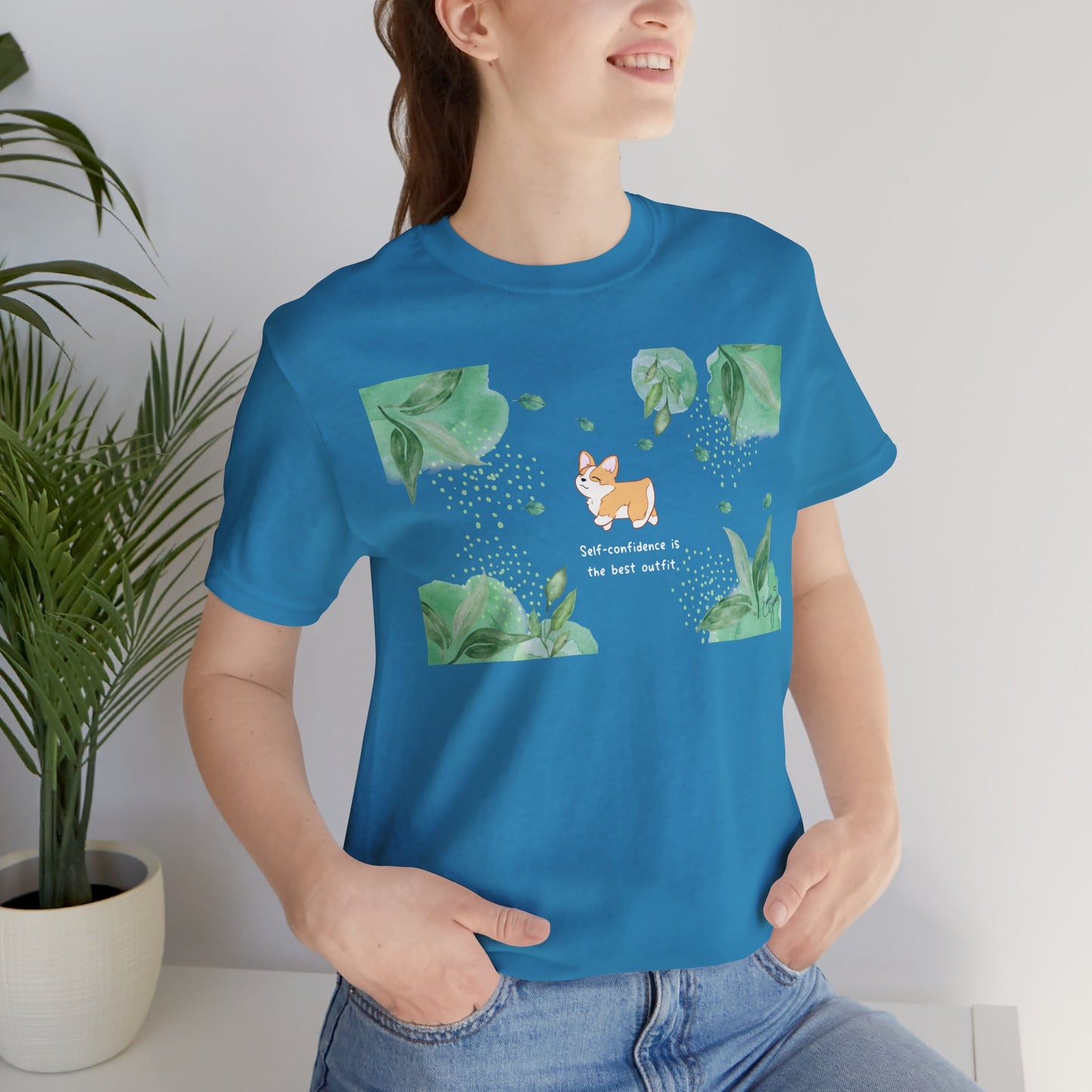 Corgi - Confidence is the Best Outfit - Super Soft Cotton Airlume Unisex T-Shirt (Horizontal Graphic)