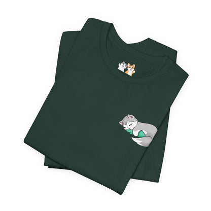 Kitty and Corgi — Sleepy Kitty Snuggling Her Dino Plushie — Super Soft Cotton Airlume Unisex T-Shirt
