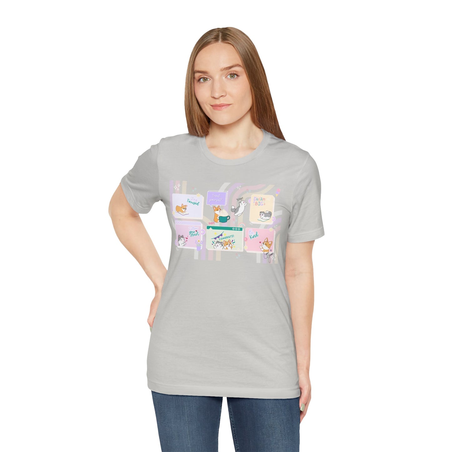 Kitty and Corgi - Groovy Encouragement Compilation - Super Soft Cotton Airlume Unisex T-Shirt (Horizontal Graphic)