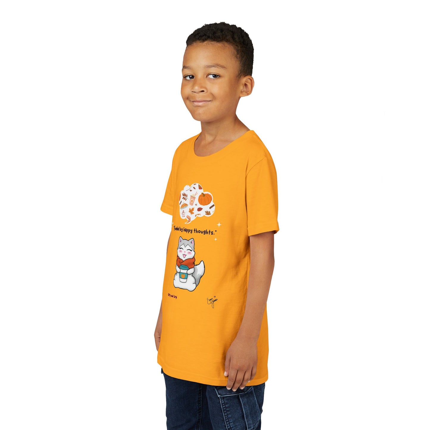 Youth Tee — Kitty loves Autumn - Fueled by Happy Thoughts - Unisex Youth/ Children's Graphic Tee