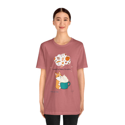 Corgi is Fueled by Happy Thoughts of Fall and Pumpkin Spice - Super Soft Cotton Airlume Unisex T-Shirt (Large Graphic)