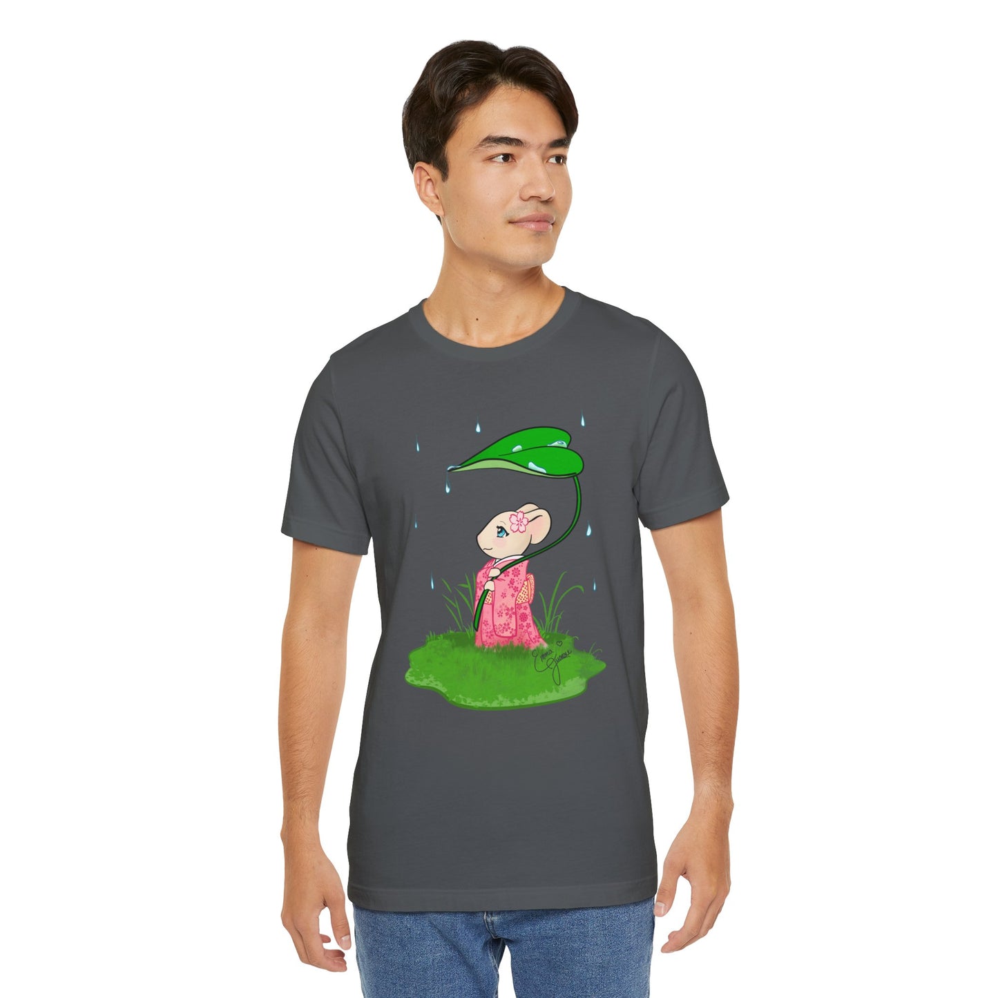 Sakura Mousie with a Leaf Umbrella on a Rainy Day - Super Soft Cotton Airlume Unisex T-Shirt (Large Graphic)