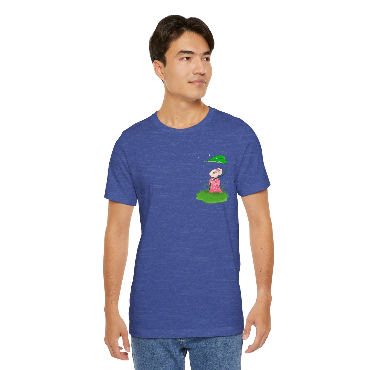 Sakura Mousie with a Leaf Umbrella on a Rainy Day - Super Soft Cotton Airlume Unisex T-Shirt (Small Pocket Graphic)