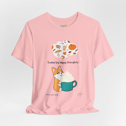 Corgi is Fueled by Happy Thoughts of Fall and Pumpkin Spice - Super Soft Cotton Airlume Unisex T-Shirt (Large Graphic)