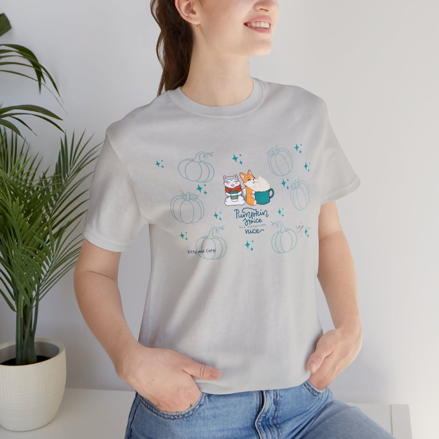 Kitty and Corgi - Pumpkin Spice and Everything Nice - Super Soft Cotton Airlume Unisex T-Shirt (Large Front Graphic)